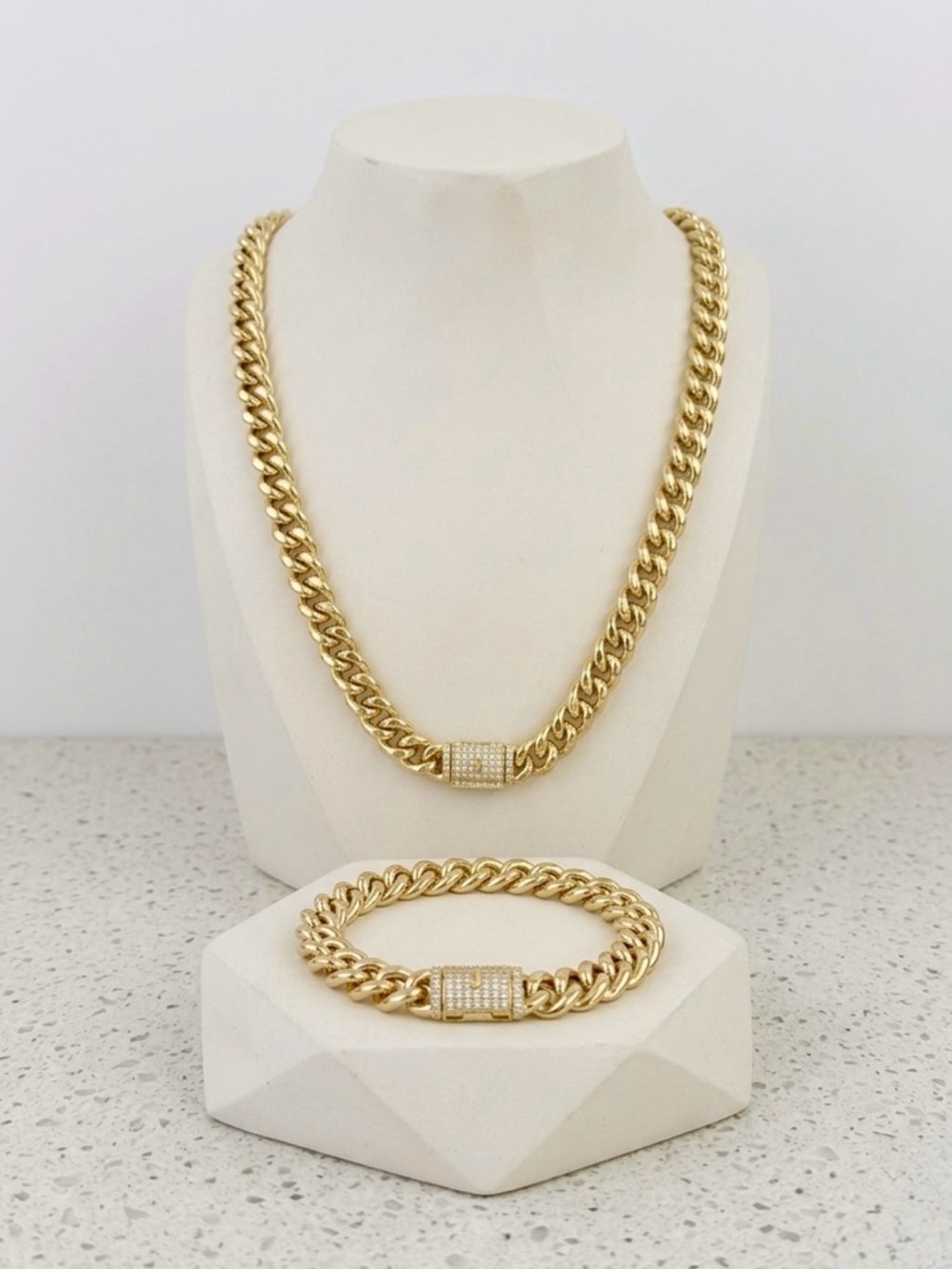 14K Gold Plated Cuban Link Necklace & Bracelet Set with CZ Pavé Box Toggle Clasp - Picture 2 of 11
